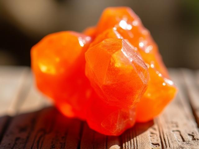 Élénk narancssárga karneol kristály, meleg, élénk színekkel, természetes fényben kiemelve.