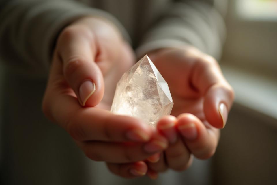 Egy emberi kéz finoman tart egy fényes, átlátszó kvarckristályt, hangsúlyozva a fizikai érzetek fontosságát a választásban.