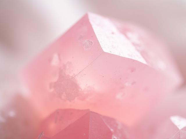 Rózsakvarc kristálydarab, közelről fotózva, lágy, rózsaszínes árnyalatokkal.