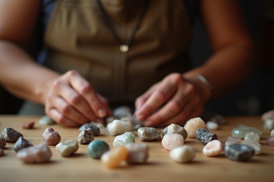 Kézműves válogatja az ásványokat, figyelve a minőségre és eredetiségre