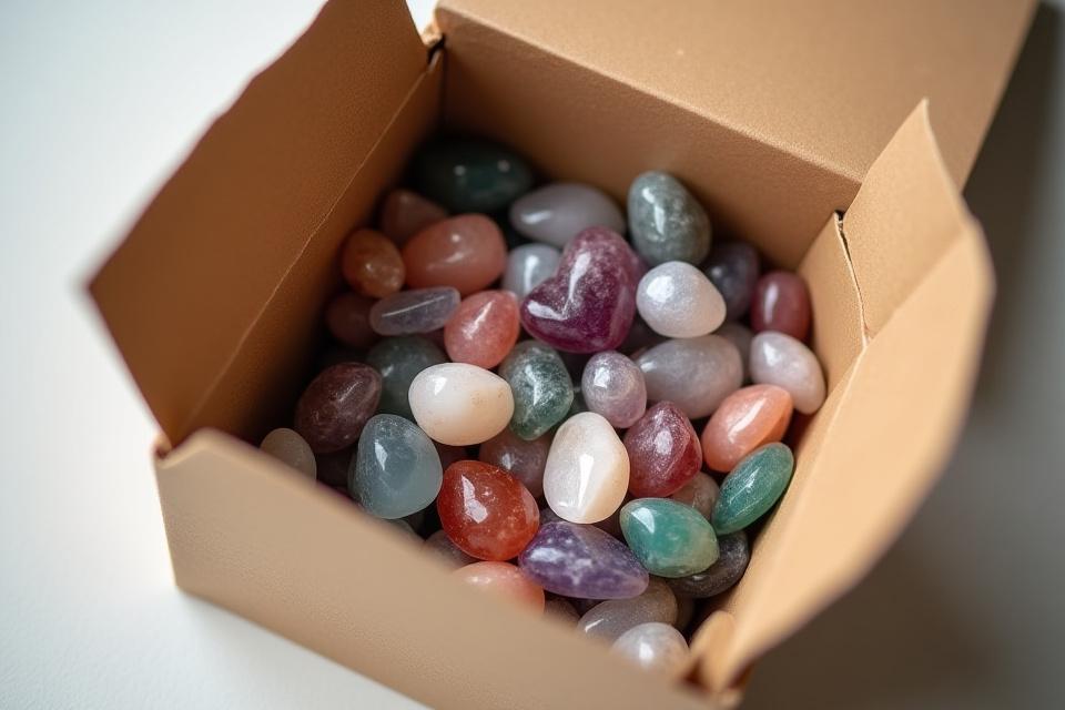 Etikusan csomagolt, gondosan válogatott kristályok dobozban