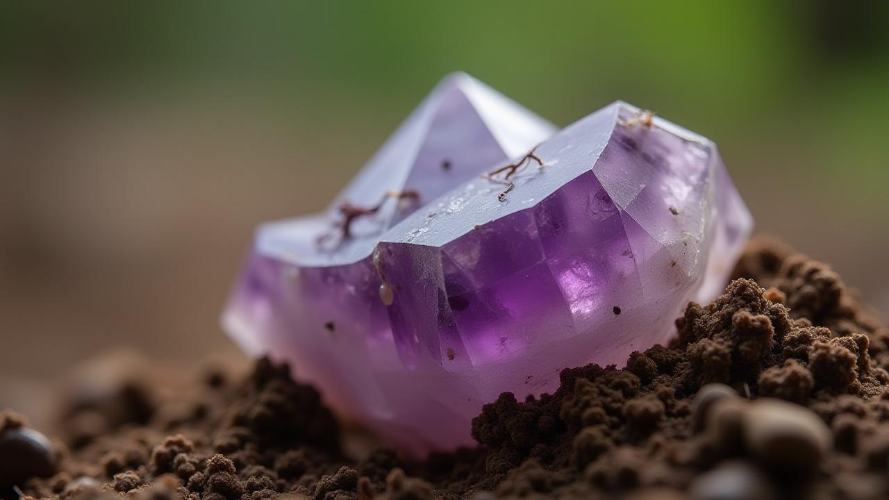 Nyers, félig földben lévő ametiszt kristály, etikus bányászat jelképe