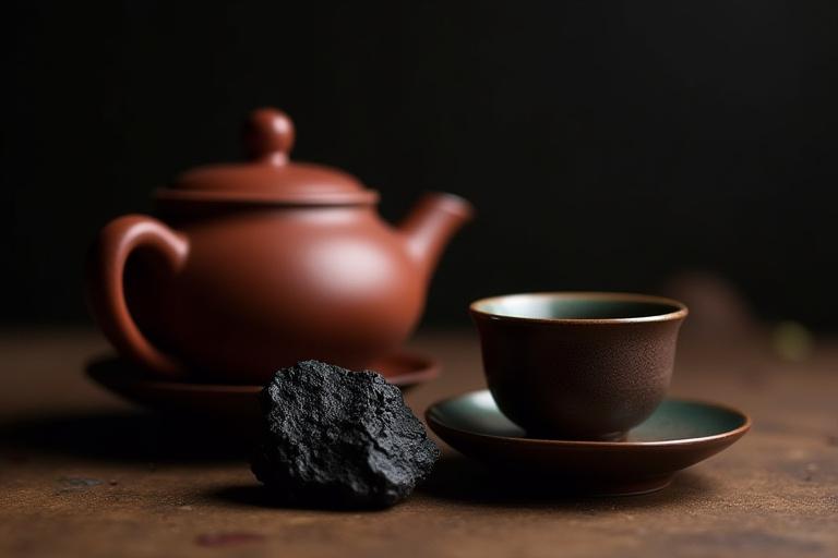 Földelő Pu-erh tea tradicionális kínai teáskannában és csészében, mellette egy nyers, erejes fekete turmalin kő, sötét, földes háttérrel.