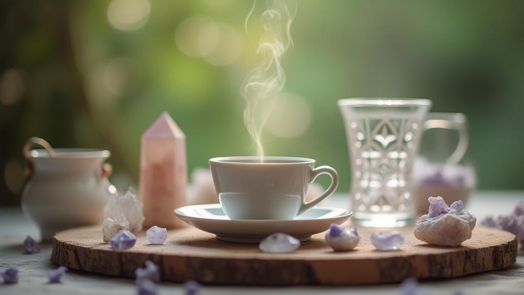 Egy gyönyörűen elrendezett teaszertartás, kristályokkal körülvéve, lágy fénnyel megvilágítva, nyugalmat sugallva.