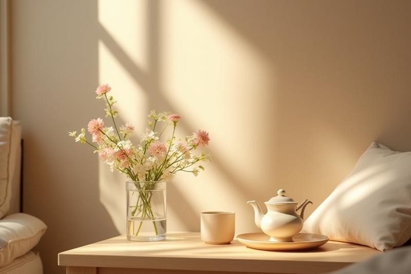 Csendes, rendezett teázósarok, egy polírozott kristállyal és egy vázában virágokkal.