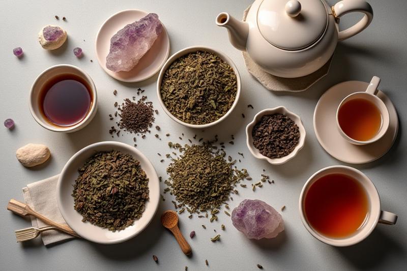 Válogatott teák és elegáns teáskészlet, közelben lazulakő és rózsakvarc kristályokkal.