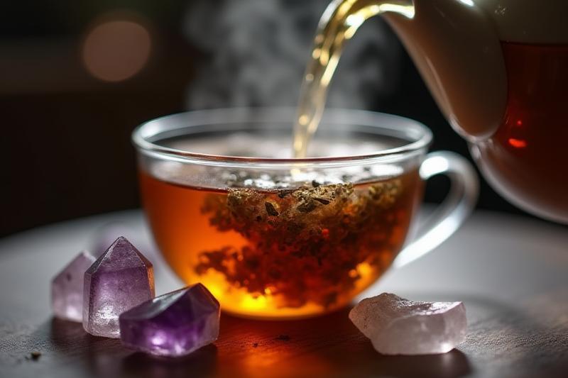 Teafőzés pillanata, gőzölgő teáskanna, mellette ametiszt és hegyikristály.