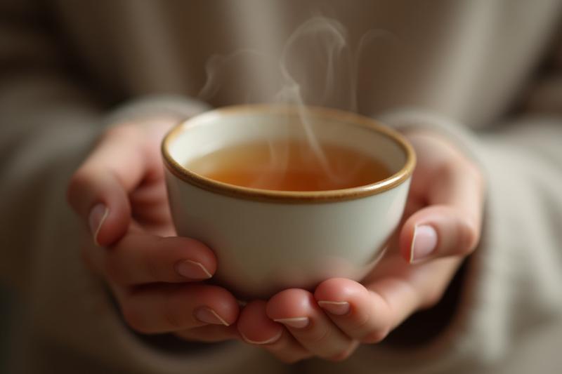 Kézben tartott teáscsésze, felhős háttérben, a tea gőzölög, kristályok a háttérben.