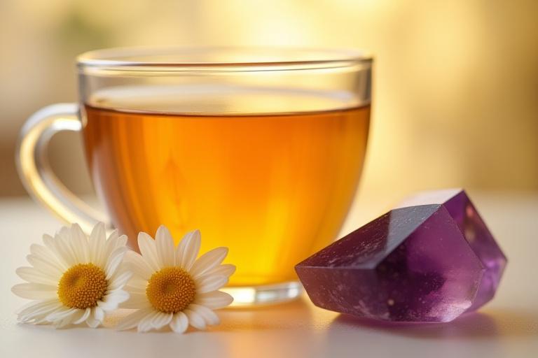 Nyugtató kamillatea egy átlátszó pohárban, mellette egy simára csiszolt, sötét lila ametiszt kristály, puha háttérvilágítással.