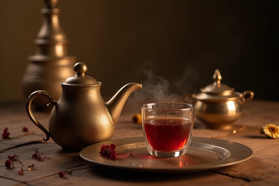 Kezek, melyek teát öntenek egy finom csészébe, körülötte gondosan elrendezett, etikus forrásból származó kristályok és kőzetek, lágyan megvilágítva.