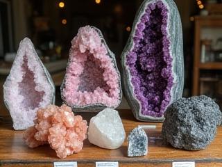 Nagy, nyers ásványkristályok gyűjteménye természetes fényben