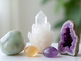 Különböző kristályok kihelyezve egy terápiás asztalon