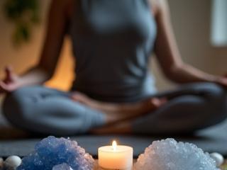 Meditáló személy kristályokkal körülvéve egy nyugodt beltéri térben