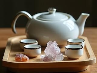 Teáskészlet és ásványok egy teaszeánszra előkészítve